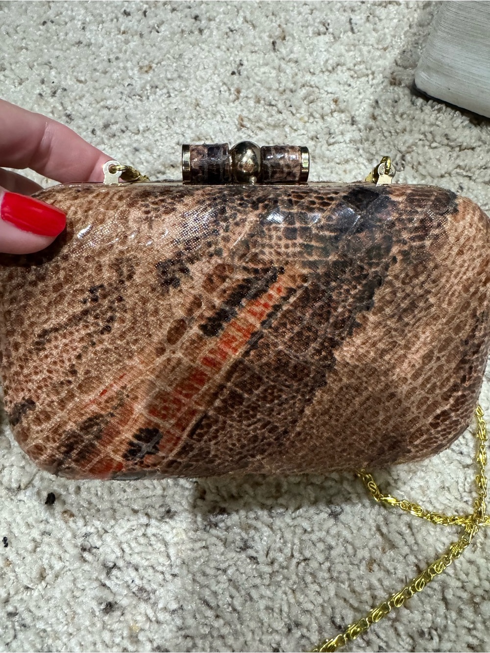 Snake print mini clutch with gold chain
